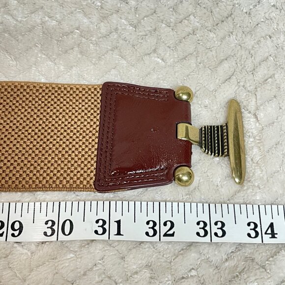 New Directions Stretch Web Waist Belt S/M Tan Gold Tone Buckle | Maximalist - Picture 6 of 7